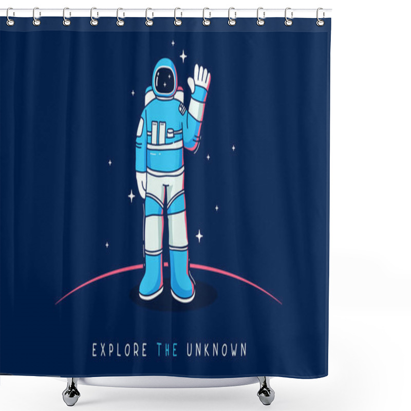 Personality  Vector Creative Illustration Of Astronaut Exploring Outer Space On Dark Background With Star And Planet. Cosmonaut In Spacesuit Making Spacewalk. Flat Line Art Style Concept Design Of Human Spaceflight For The Holiday Cosmonautics Day Greeting Banner Shower Curtains