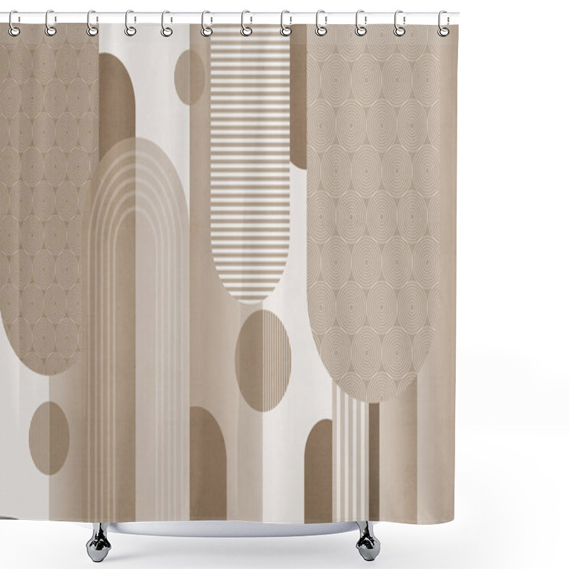 Personality  3d Minimal Wall Decor Canvas Flat Art. Shapes, Circles, And Lines, Minimalist Beige Design In A Light Background. Shower Curtains