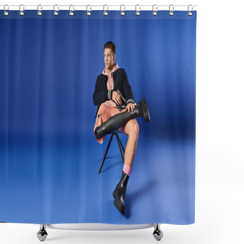 Personality  Young Man With A Prosthetic Leg Poses Confidently Against A Bold Blue Background. Shower Curtains