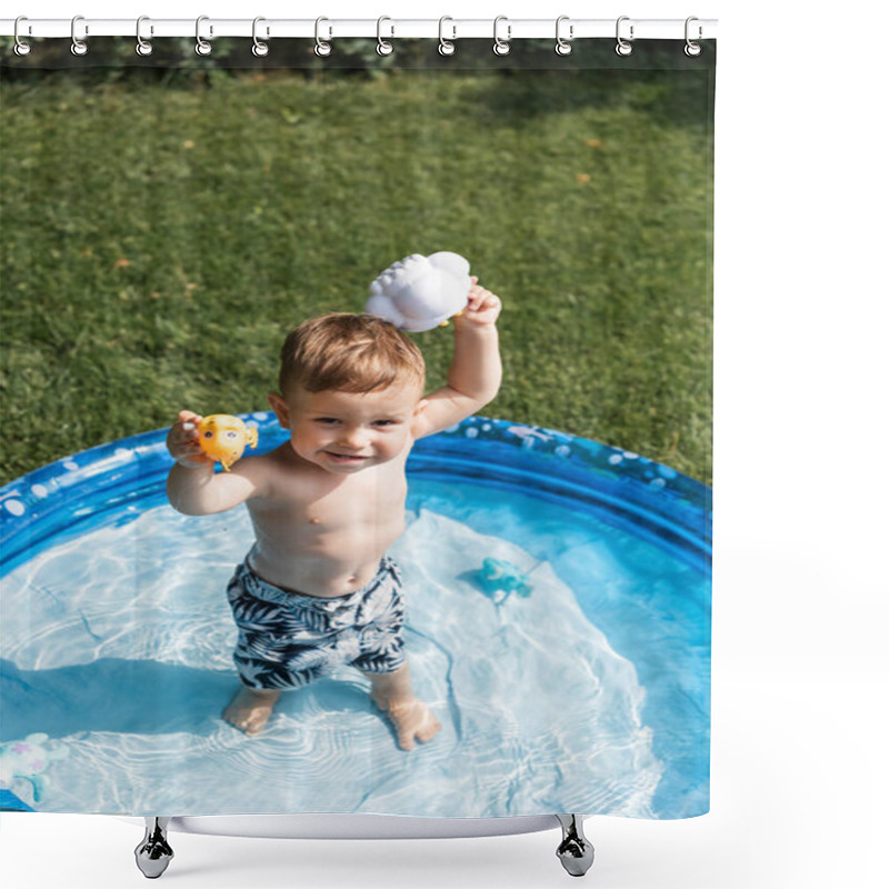 Personality  High Angle View Of Happy Toddler Boy In Swim Trunks Playing With Rubber Toys In Inflatable Pool Outside  Shower Curtains