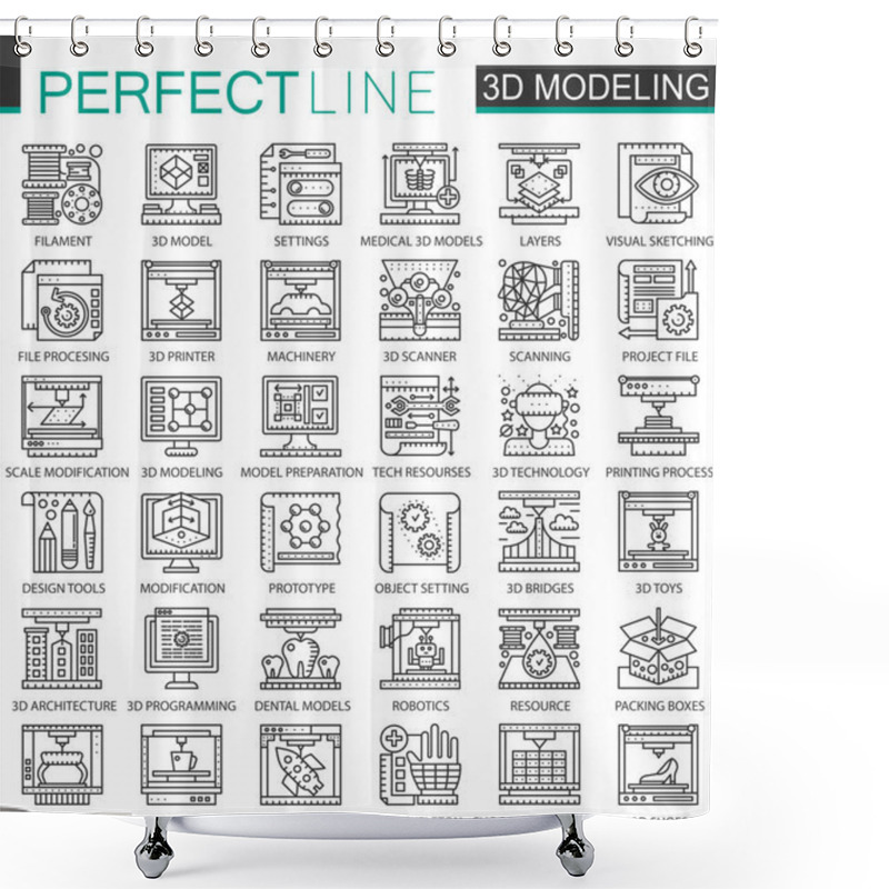 Personality  3D Printing, 3D Modeling And Scanning Technology Outline Mini Concept Symbols. Modern Stroke Linear Style Illustrations Set. Perfect Thin Line Icons. Shower Curtains