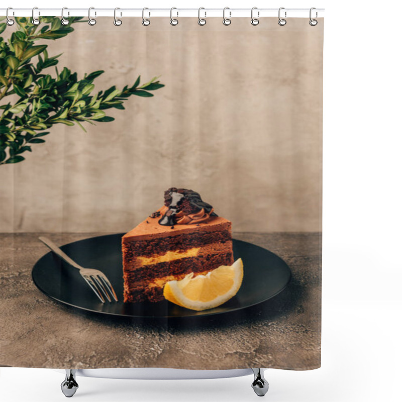 Personality  Piece Of Delicious Cake With Chocolate And Lemon On Plate Shower Curtains