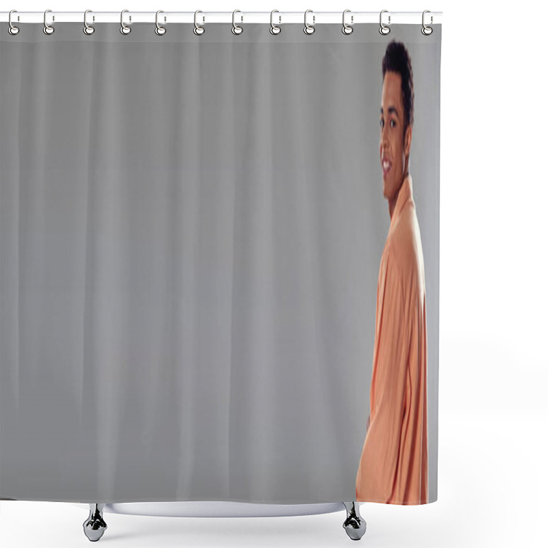 Personality  Banner Of Happy Man In Peach Shirt Standing Against Grey Wall, Showcasing His Fashion Sense Shower Curtains