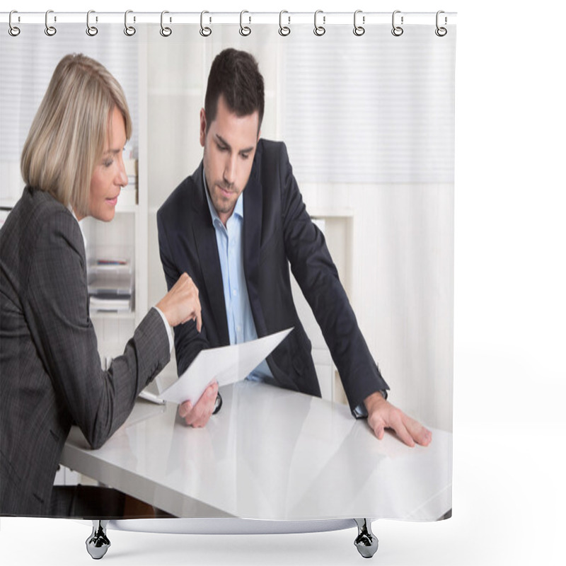 Personality  Successful Teamwork: Businessman And Woman Sitting At Desk Talki Shower Curtains