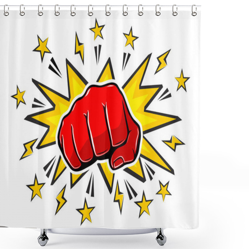 Personality  Explosive Blow Fist,  Strong Punch Drawn In Comic Style. Fist Punching, Hit Strong Fist. Vector On Transparent Background Shower Curtains