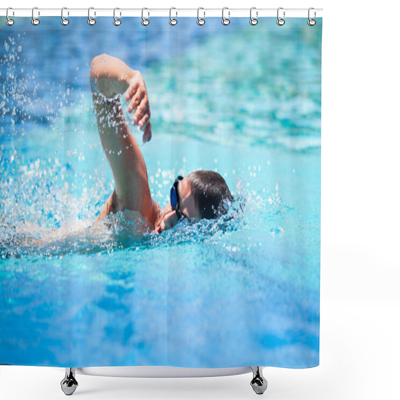 Personality  Young Man Swimming The Front Crawl In A Pool Shower Curtains