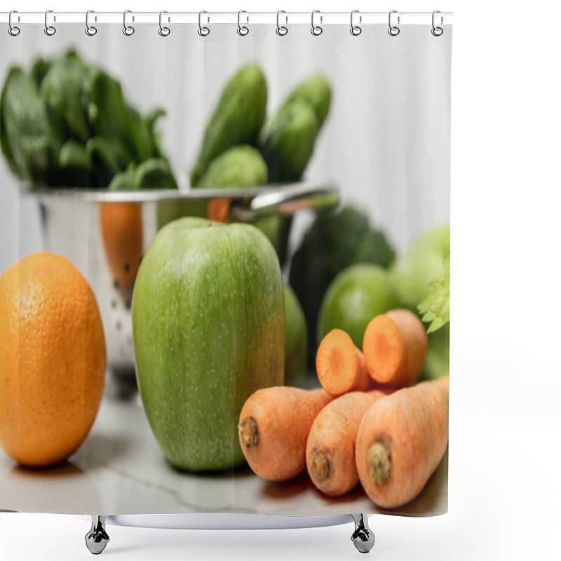 Personality  Selective Focus Of Green Apple, Orange And Carrots Near Green Cucumbers On White  Shower Curtains