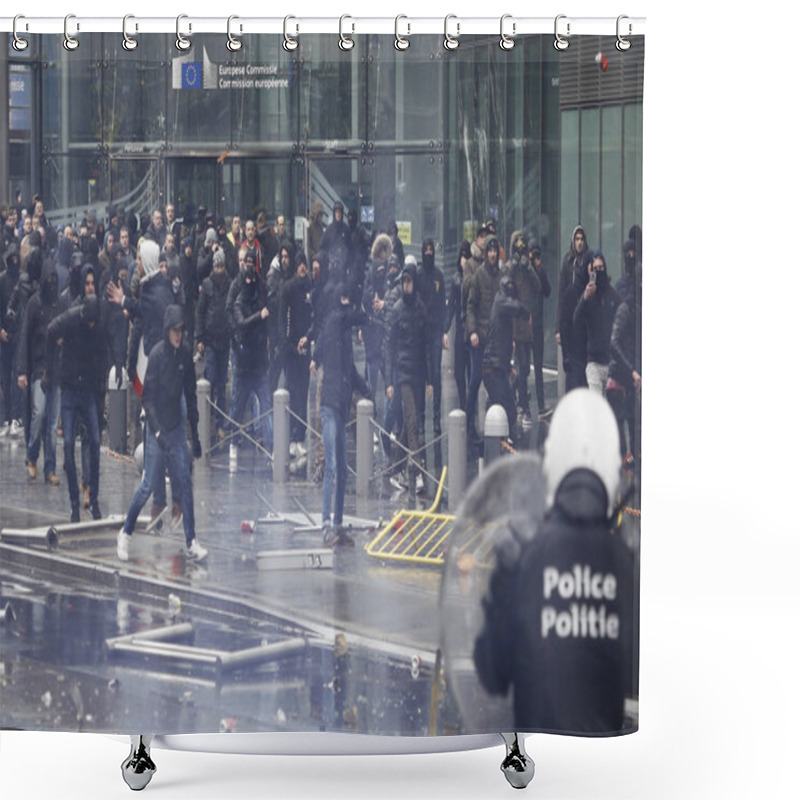 Personality  Far-right Supporters Clash With Riot Police During A Protest Against Marrakesh Migration Pact In Brussels, Belgium On Dec. 16, 2018. Shower Curtains