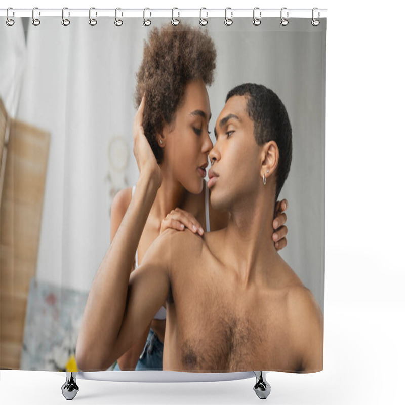 Personality  Curly Brunette Woman Hugging Shirtless Pierced African American Boyfriend At Home Shower Curtains