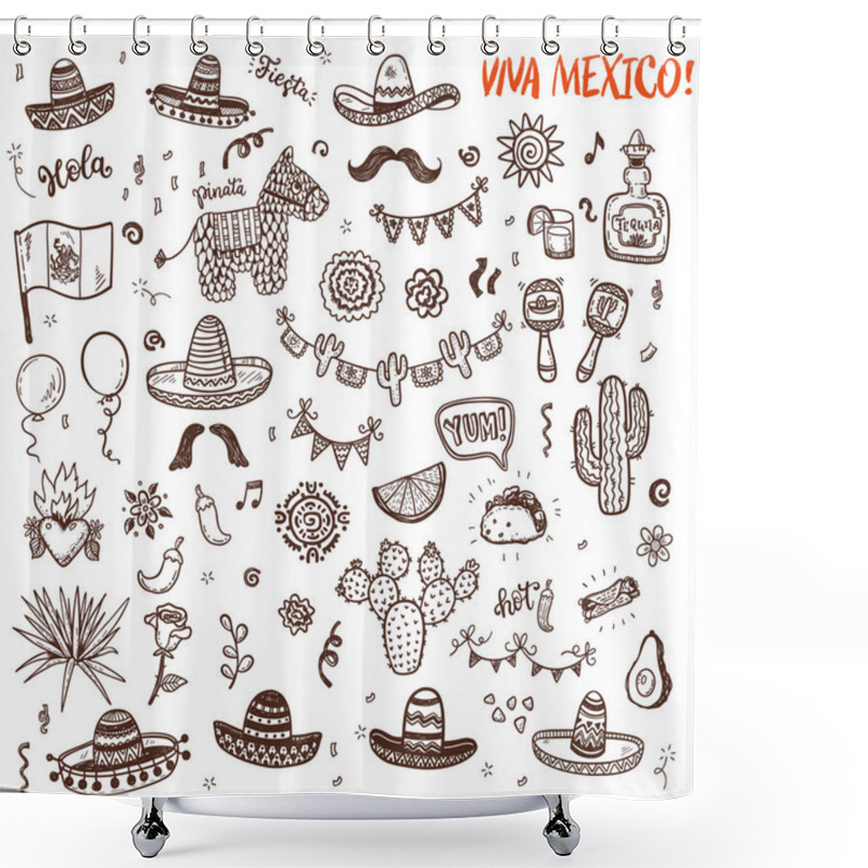 Personality  Hand Drawn Doodles Set For Mexican Party, Independence Day, Cinco De Mayo Celebration. Vector Elements Collection For Your Design. Shower Curtains