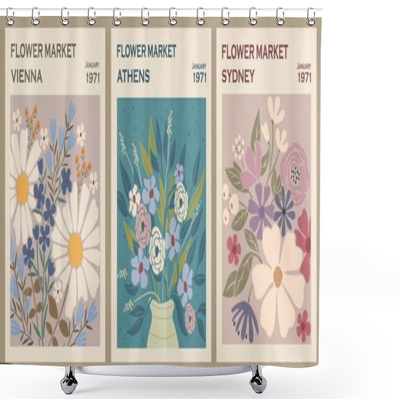 Personality  Set Of Abstract Flower Posters. Trendy Botanical Wall Arts With Floral Design In Danish Pastel Colors. Modern Naive Groovy Funky Interior Decorations, Paintings. Vector Art Illustration. Shower Curtains