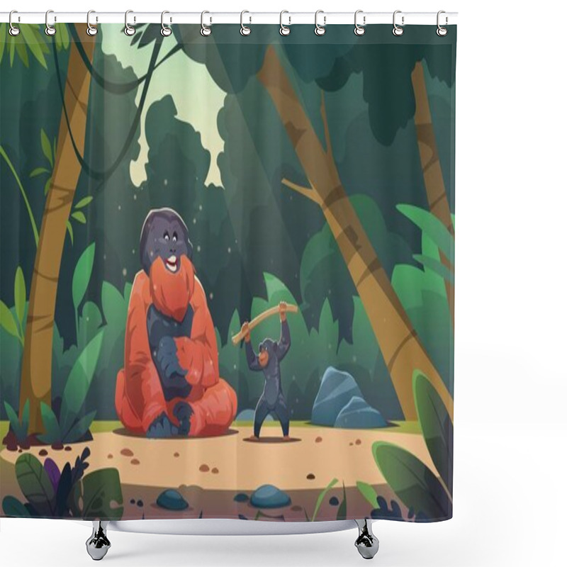 Personality  Monkeys In Jungle. Wildlife Exotic Landscape With Cute Apes On Palm Foliage, Cartoon Primates Climbing Lianas And Trees In Tropical Forest. Vector Flat Background. Wild Characters Outdoor Shower Curtains