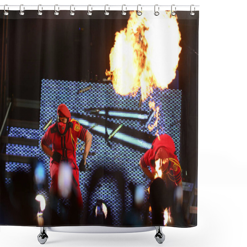 Personality  Daddy Yankee And Don Omar In Concert At The Amway Center In Orlando Florida On August 7, 2016.   Shower Curtains