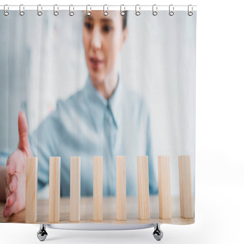 Personality  Close-up Shot Of Attractive Businesswoman Assembling Wooden Blocks In Row On Worktable, Dominoes Effect Concept Shower Curtains