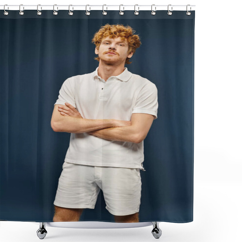 Personality  Confident Redhead Man In White Stylish Clothes With Folded Arms On Blue, Old Money Style Fashion Shower Curtains