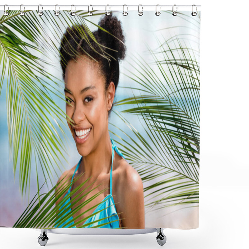 Personality  Portrait Of Smiling African American Woman Near Palm Leaves In Front Of Sea  Shower Curtains