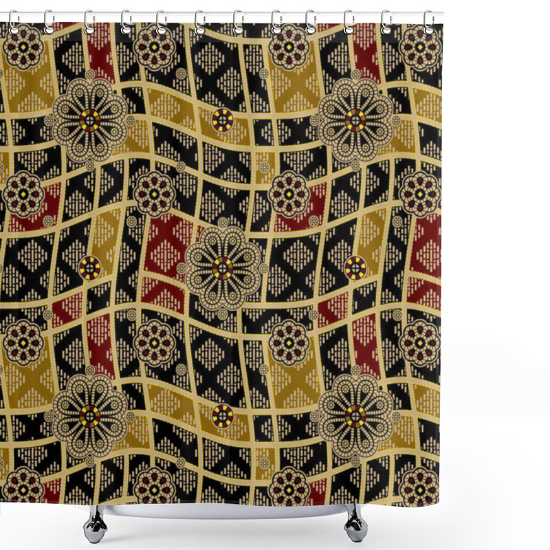 Personality  It's A Unique Digital Traditional Geometric Ethnic Border, Floral Leaves Baroque Pattern And Mughal Art Elements, Abstract Texture Motif, And Vintage Ornament Artwork Combination For Textile Printing. Shower Curtains