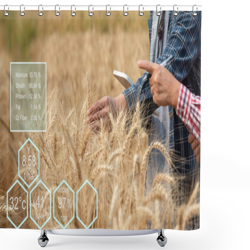 Personality  Farmer Checking Data In A Wheat Field With A Tablet And Examnination Crop. Shower Curtains