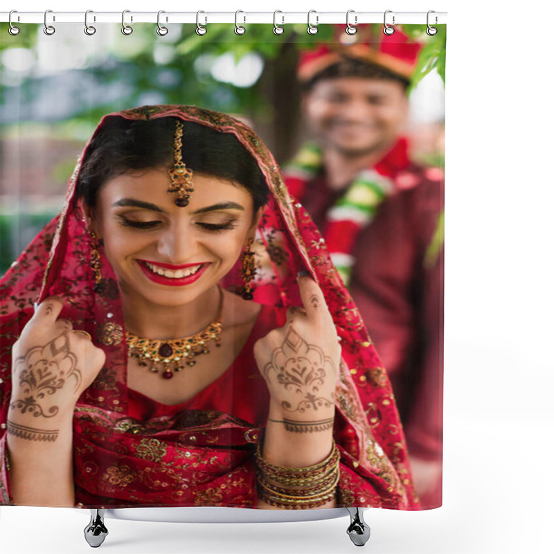 Personality  Cheerful Indian Bride In Sari And Headscarf Near Blurred Man In Turban On Background  Shower Curtains