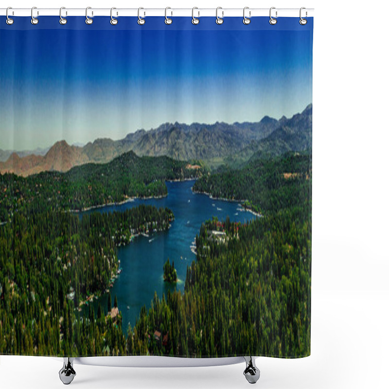 Personality  Aerial, Drone Panorama Of Beautiful Lake Arrowhead In The San Bernardino Mountains, California On A Clear Summer With Blue Water And Sky, Green Forest Pine Trees, Purple Hills And Mountains Shower Curtains