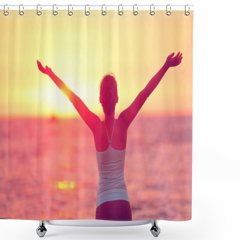 Personality  Wellness, Well-being And Happiness Concept. Silhouette Of Woman With Open Arms Raised To The Sky On Sunset Beach Practicing Yoga. Shower Curtains