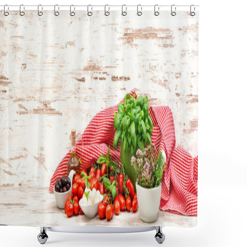 Personality  Tomatoes, Basil, Herbs, Mozzarella And Olive Oil. Food Backgroun Shower Curtains