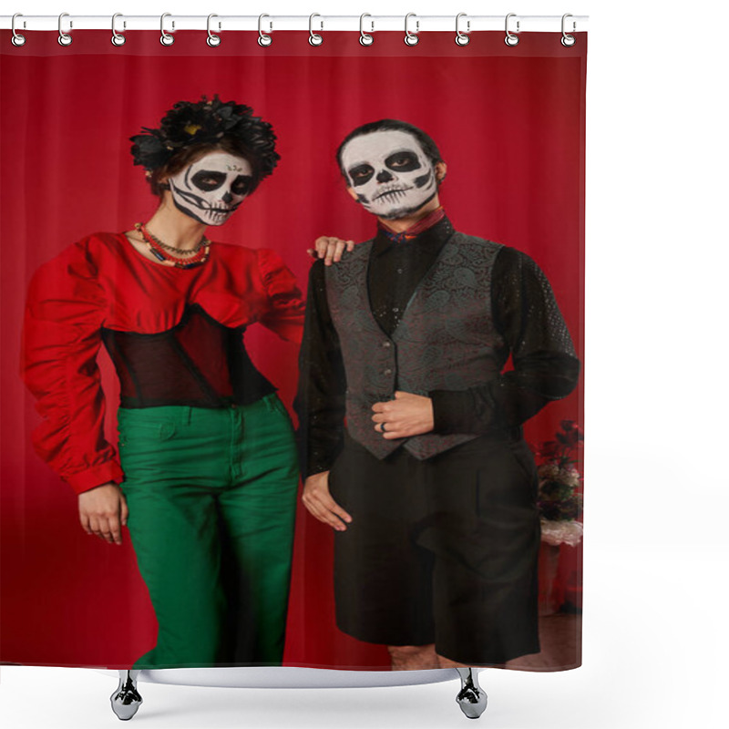 Personality  Elegant Couple In Dia De Los Muertos Makeup And Festive Attire Looking At Camera Near Flowers On Red Shower Curtains