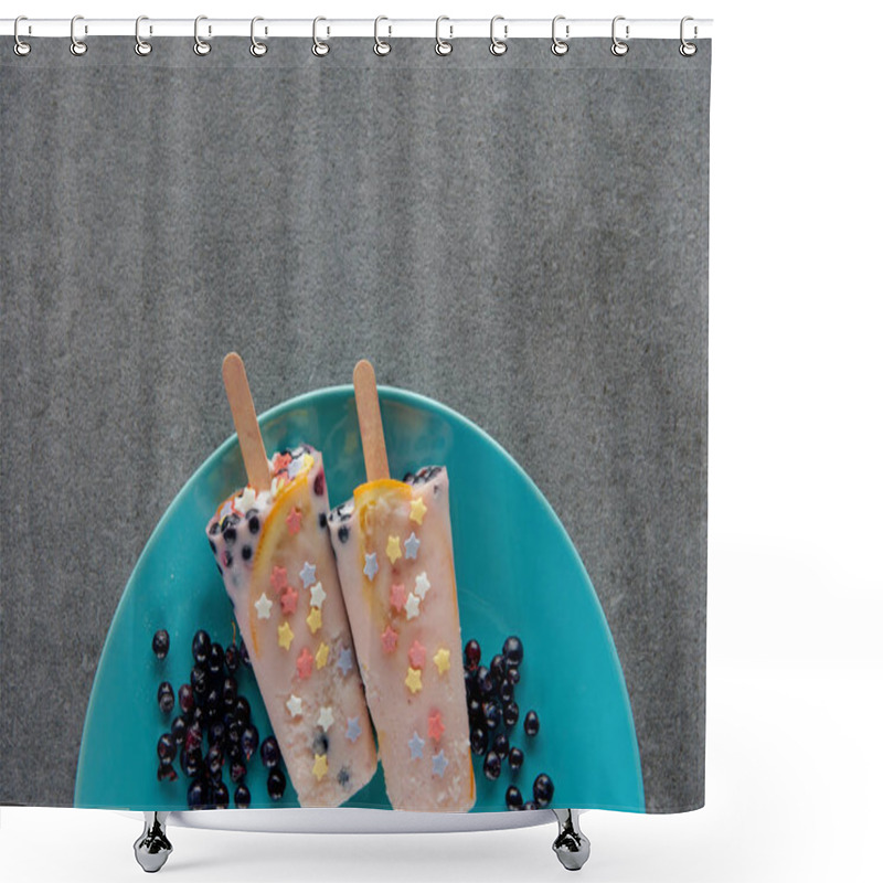 Personality  Top View Of Sweet Cold Popsicles With Berries On Plate On Grey Shower Curtains