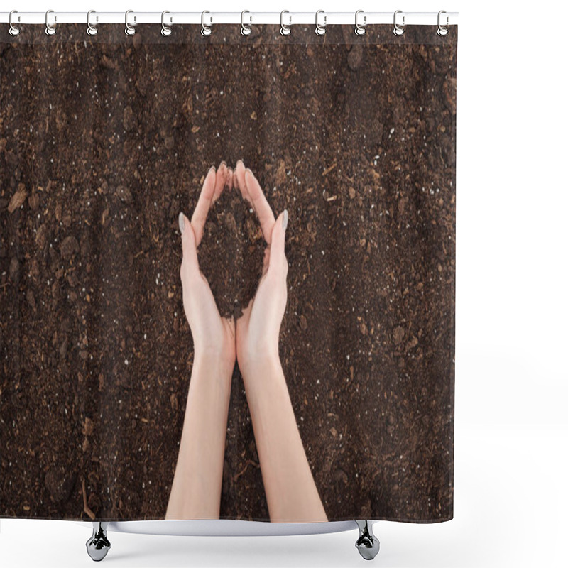 Personality  Cropped View Of Woman Holding Ground In Hands, Protecting Nature Concept  Shower Curtains