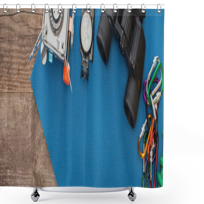 Personality  Panoramic Shot Of Gas Burner, Compass, Binoculars And Carabiners On Blue Sleeping Pad On Wooden Surface Shower Curtains