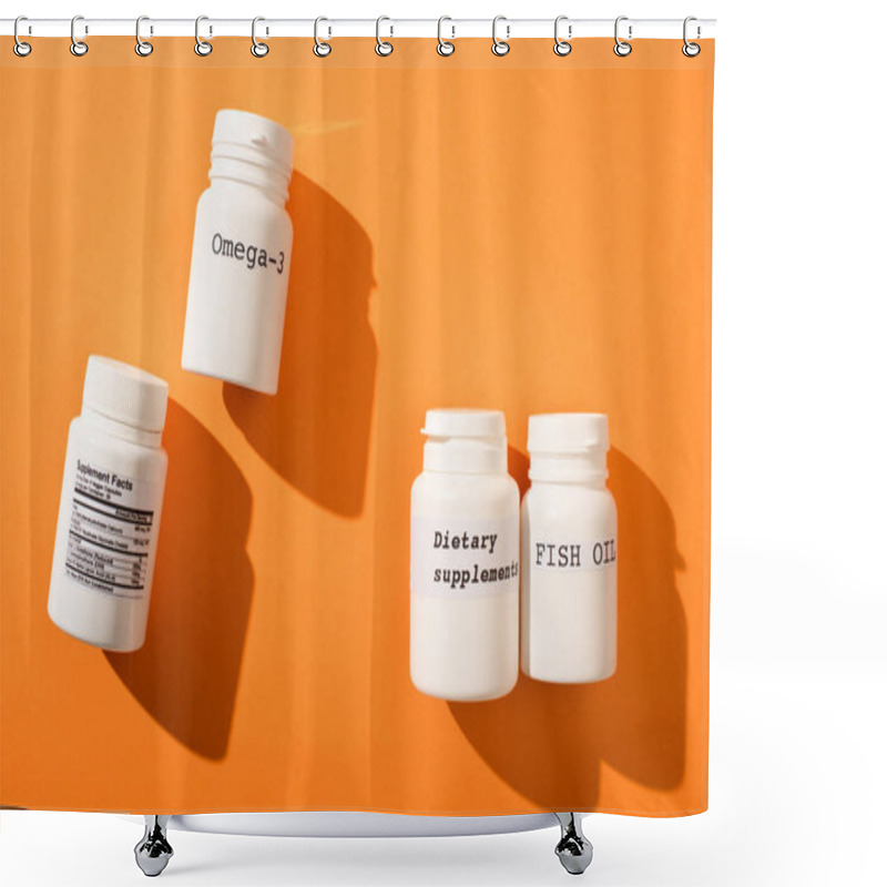 Personality  Top View Of Containers With Omega-3, Fish Oil And Dietary Supplements Lettering On Orange Background Shower Curtains