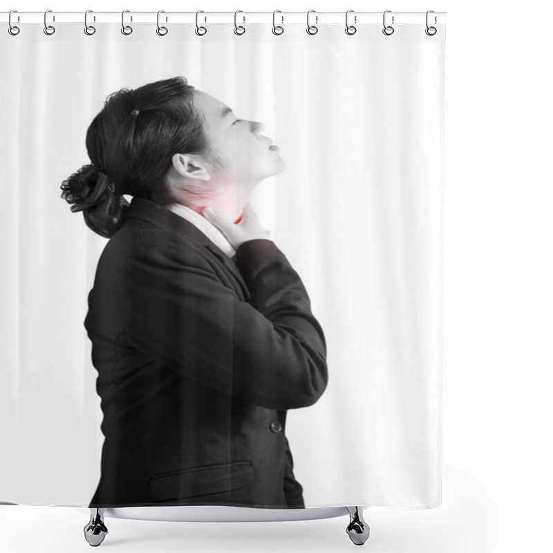 Personality  Acute Pain And Sore Throat Symptom In A Woman Isolated On White Background. Clipping Path On White Background. Shower Curtains