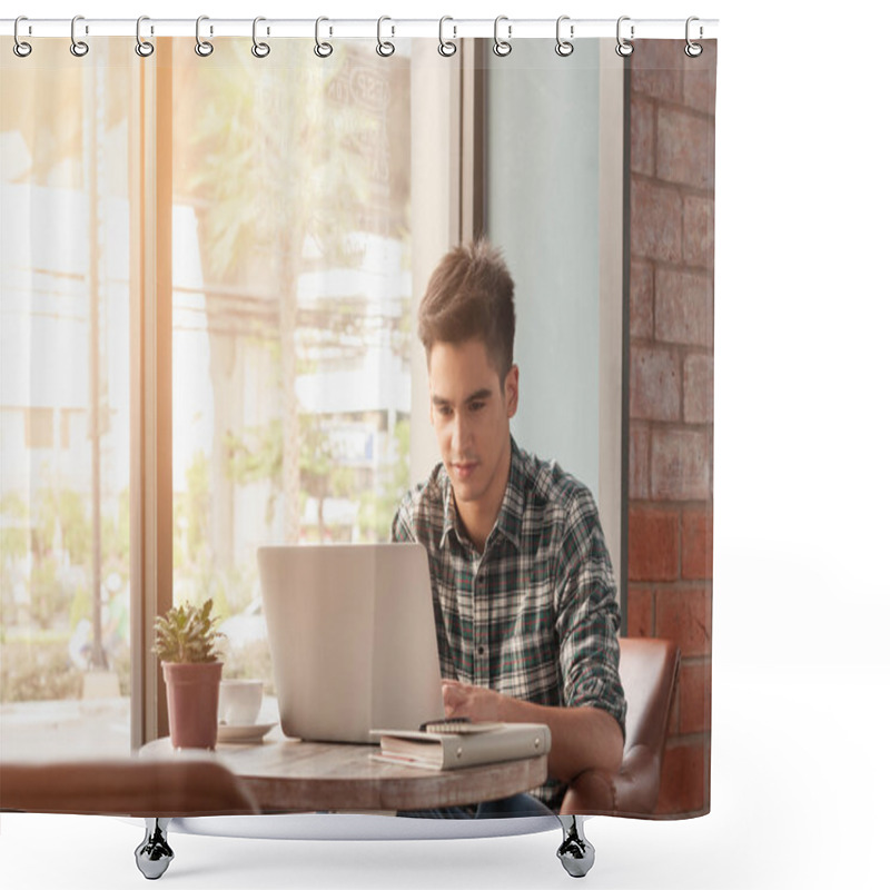 Personality  Businessman Using Laptop With Tablet And Pen On Wooden Table In Shower Curtains