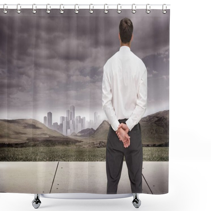 Personality  Composite Image Of Businessman Turning His Back To Camera Looking At Distance City Shower Curtains