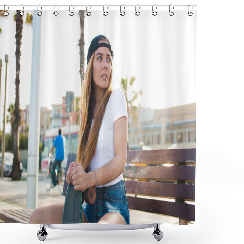 Personality  Woman Skateboarder Sitting  With Penny Board Shower Curtains