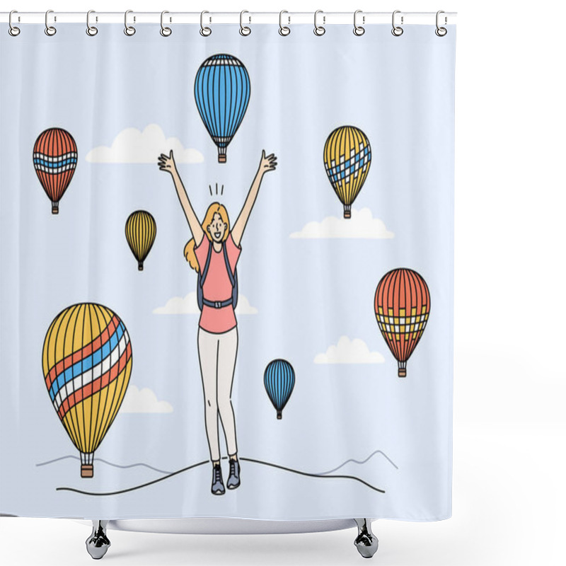 Personality  Woman Traveler Stands Among Rising Balloons And Joyfully Raises Hands Up Enjoying Travel To Delightful Festival. Concept Of Travel And Getting Positive Emotions From Tours To Exotic Places Shower Curtains