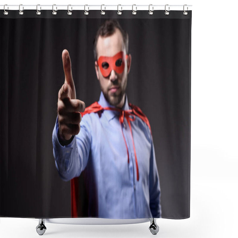 Personality  Handsome Super Businessman In Mask And Cape Pointing On Camera Isolated On Black Shower Curtains