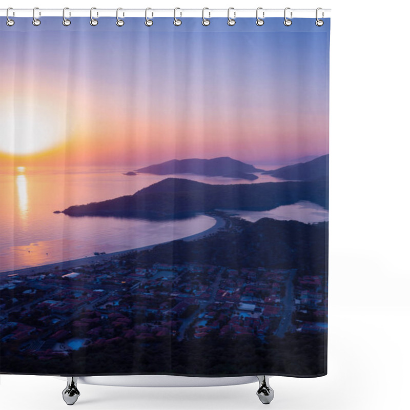 Personality  Panoramic View Of Rocky Shores Covered With Lush Pines, Surrounded By Turquoise Waters Of The Mediterranean Sea During Sunset - Oludeniz, A Tourist Landmark In Turkey. Image In A Purple Tones. Shower Curtains