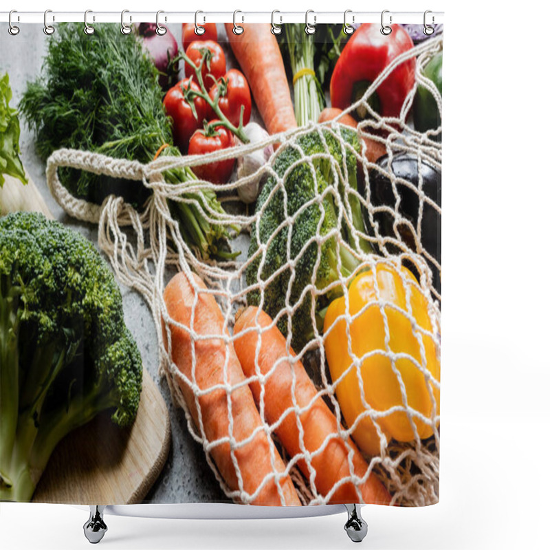 Personality  Fresh Ripe Vegetables In String Bag Near Cutting Board On Grey Concrete Surface Shower Curtains