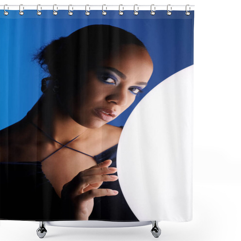 Personality  Young African American Woman Delicately Cradles A White Ball In Her Hands, In A Studio Setting. Shower Curtains