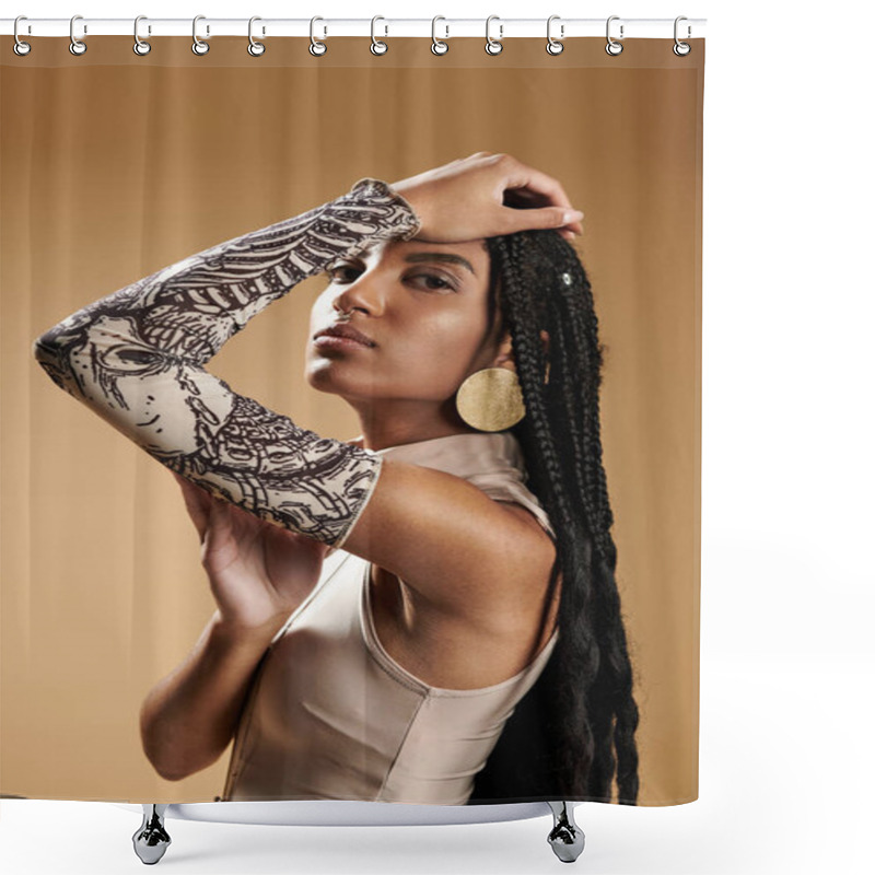 Personality  The Young Woman Captivates With Her Striking Style And Artistic Details In An Elegant Pose. Shower Curtains