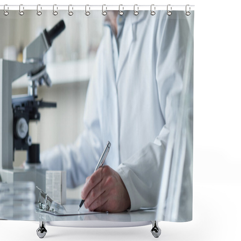 Personality  Scientist Conducting Research With Microscope Selective Focus Shower Curtains