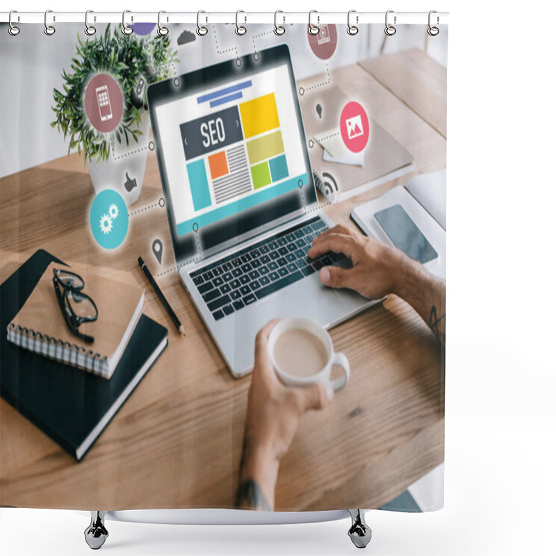 Personality  Cropped View Of Developer Using Laptop With SEO Icons And Holding Cup Of Coffee Shower Curtains