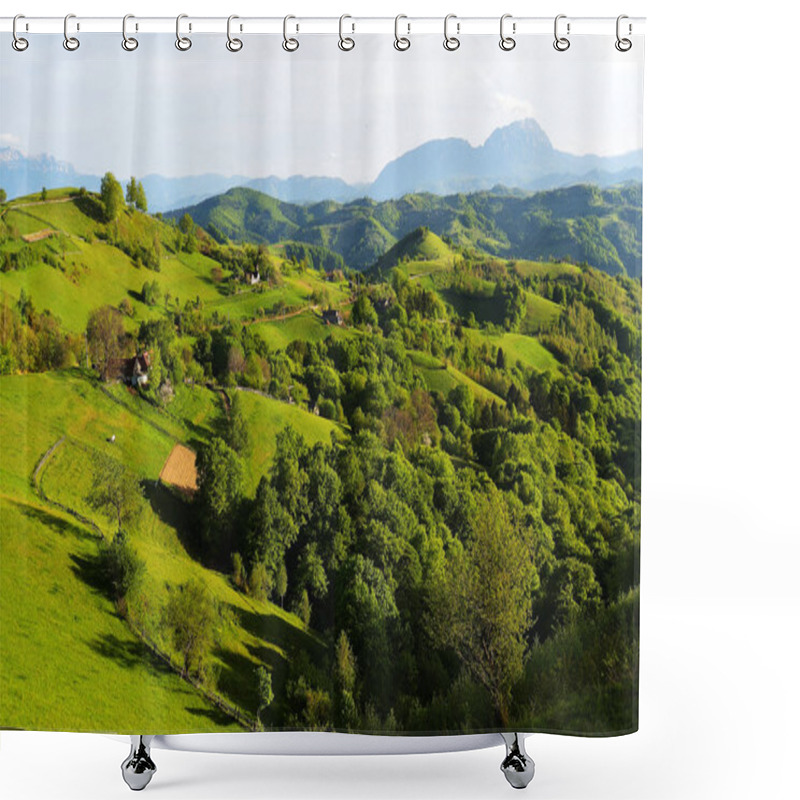 Personality  A Rural Landscape Of Green Farm Fields And Country Hillsides Shower Curtains