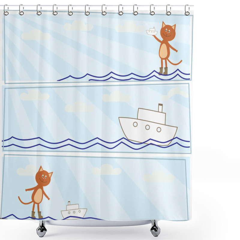 Personality  Set Of Horizontal Cards With A Kitten Who Lets Boats Shower Curtains