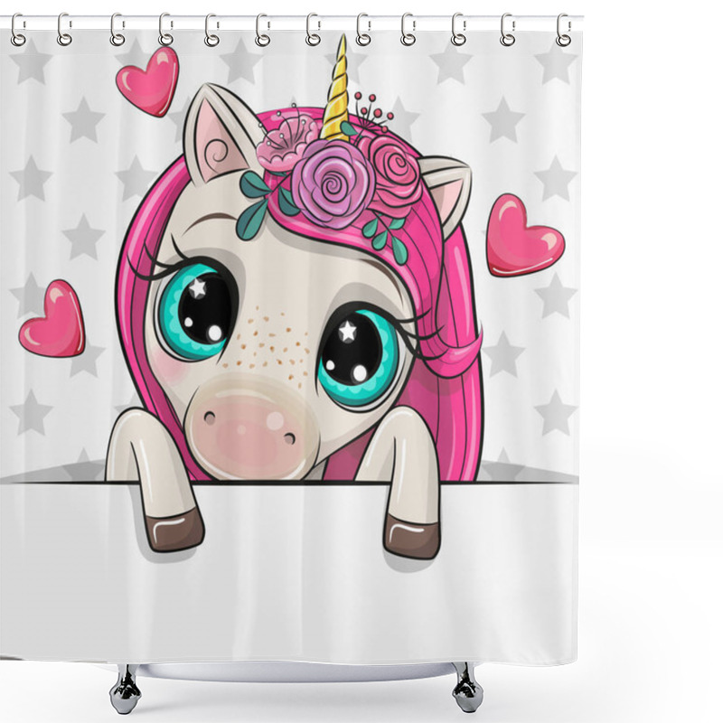 Personality  Cartoon Unicorn Is Holding A Placard On A Stars Background Shower Curtains