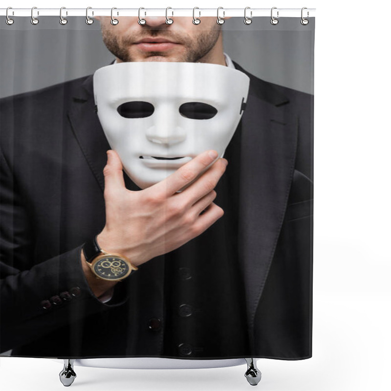 Personality  Cropped View Of Corporate Manager Holding Face Mask Isolated On Grey Shower Curtains