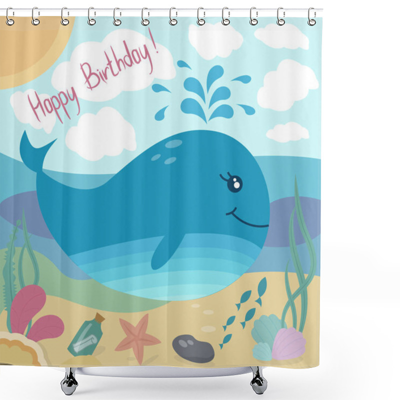 Personality  Happy Birthday  Greeting Card With Cute Whale And Sea Life And Sommer Sky. Vector Illustration In Bright Colors. Cartoon Style. Shower Curtains