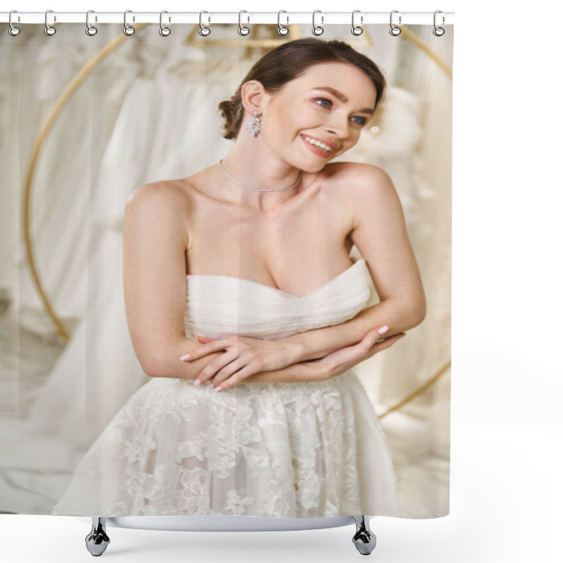 Personality  A Beautiful Young Brunette Bride In A White Wedding Dress Poses Gracefully For A Picture In A Bridal Salon. Shower Curtains