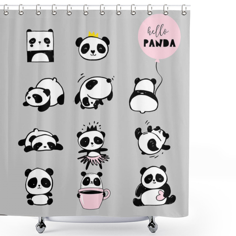 Personality  Cute Panda Bear Illustrations, Collection Of Vector Hand Drawn Elements, Black And White Icons Shower Curtains